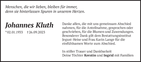 Traueranzeige von Johannes Kluth von Märkische Oderzeitung