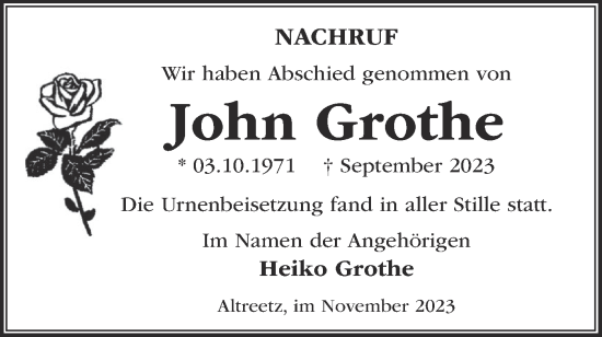 Traueranzeige von John Grothe von Märkische Oderzeitung