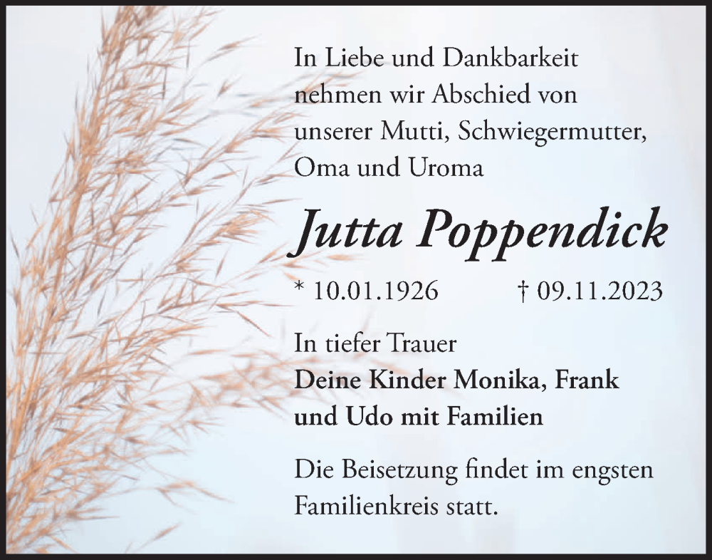  Traueranzeige für Jutta Poppendick vom 25.11.2023 aus Märkische Oderzeitung