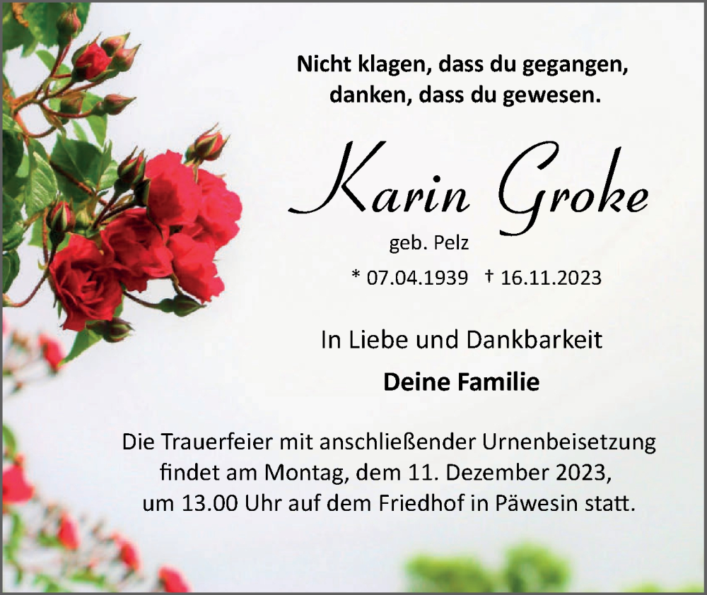  Traueranzeige für Karin Groke vom 25.11.2023 aus Märkische Oderzeitung
