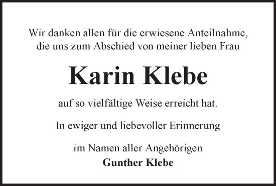 Traueranzeige von Karin Klebe von Märkische Oderzeitung