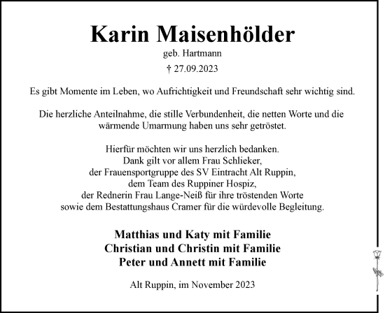 Traueranzeige von Karin Maisenhölder von Märkische Oderzeitung