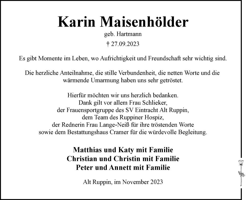 Traueranzeige für Karin Maisenhölder vom 11.11.2023 aus Märkische Oderzeitung