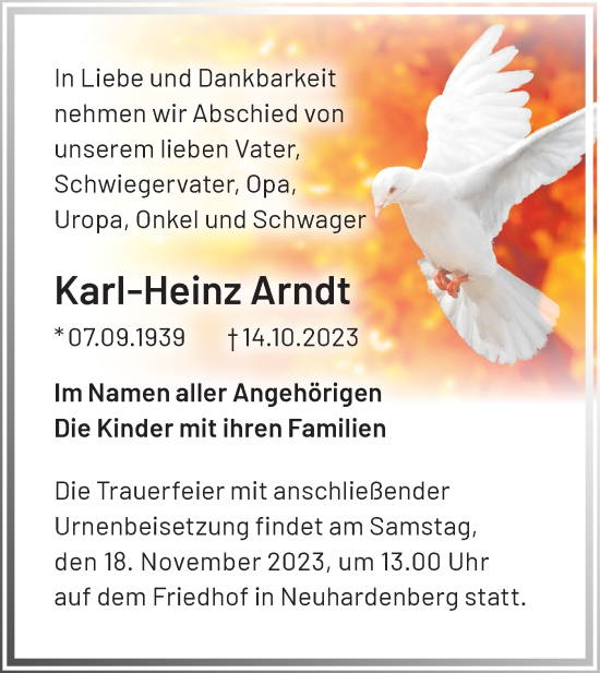 Traueranzeige von Karl-Heinz Arndt von Märkische Oderzeitung