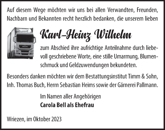 Traueranzeige von Karl-Heinz Wilhelm von Märkische Oderzeitung