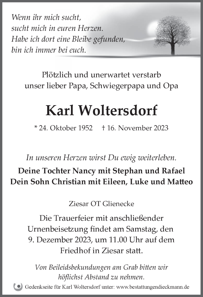  Traueranzeige für Karl Woltersdorf vom 25.11.2023 aus Märkische Oderzeitung