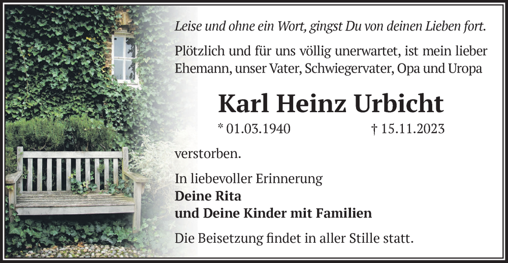  Traueranzeige für Karl Heinz Urbicht vom 25.11.2023 aus Märkische Oderzeitung