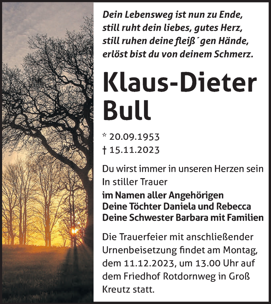  Traueranzeige für Klaus-Dieter Bull vom 25.11.2023 aus Märkische Oderzeitung