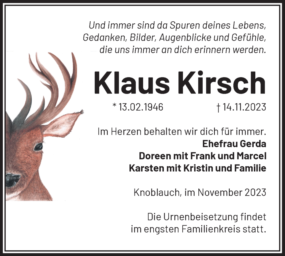  Traueranzeige für Klaus Kirsch vom 25.11.2023 aus Märkische Oderzeitung