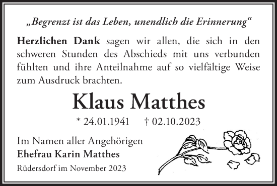 Traueranzeige von Klaus Matthes von Märkische Oderzeitung