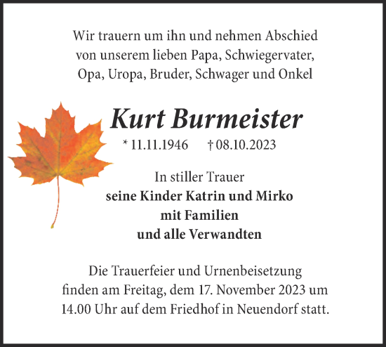 Traueranzeige von Kurt Burmeister von Märkische Oderzeitung