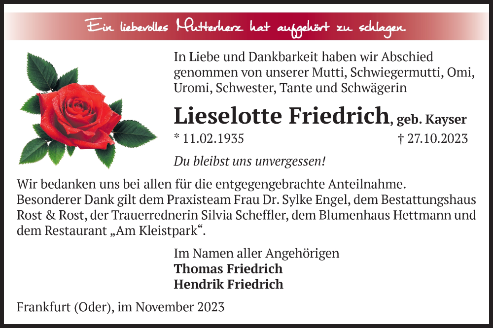  Traueranzeige für Lieselotte Friedrich vom 25.11.2023 aus Märkische Oderzeitung