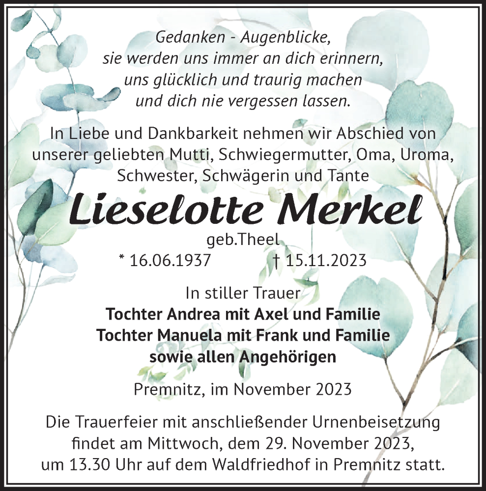  Traueranzeige für Lieselotte Merkelq vom 25.11.2023 aus Märkische Oderzeitung