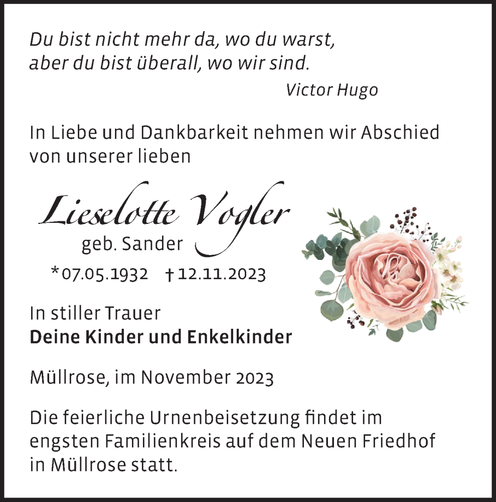  Traueranzeige für Lieselotte  Vogler vom 25.11.2023 aus Märkische Oderzeitung