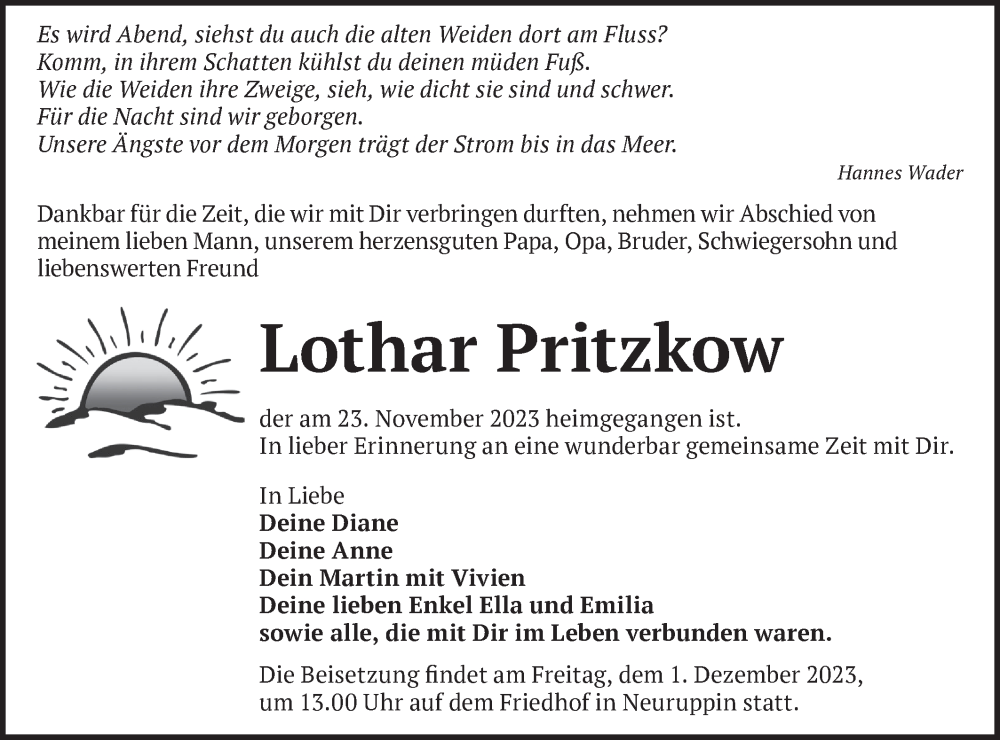  Traueranzeige für Lothar Pritzkow vom 29.11.2023 aus Märkische Oderzeitung
