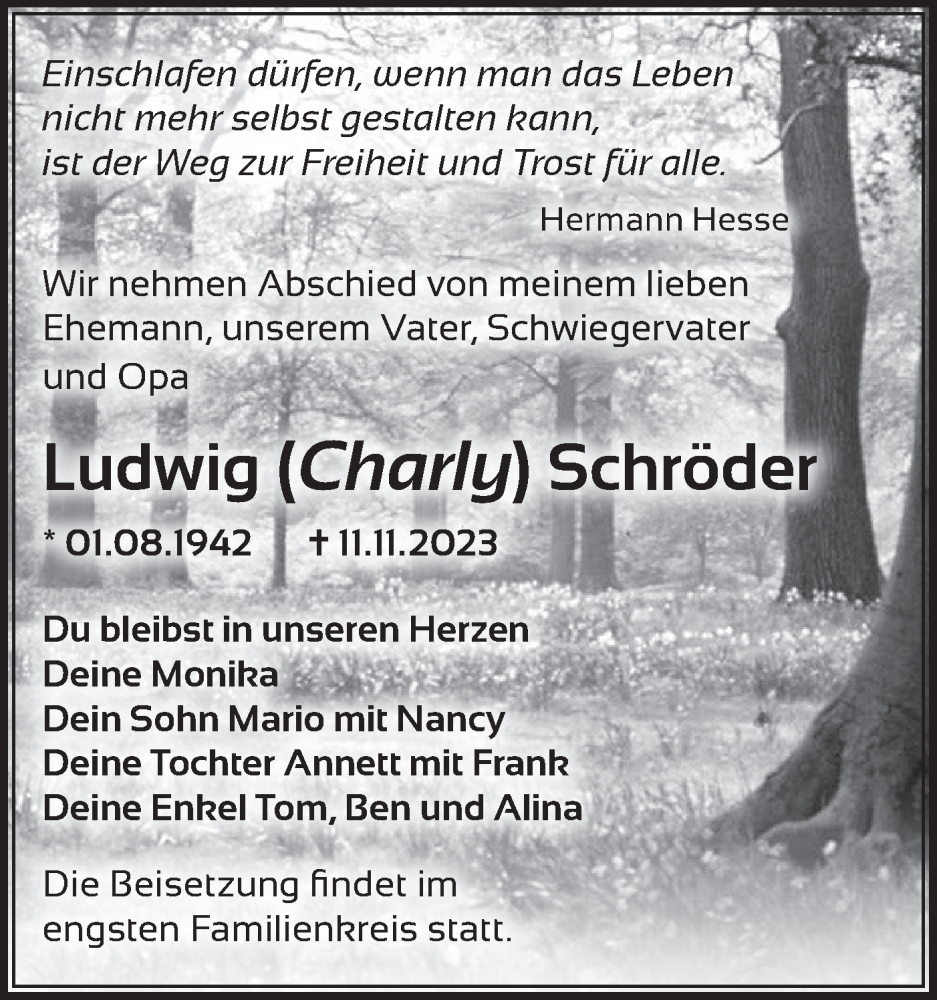  Traueranzeige für Ludwig Schröder vom 24.11.2023 aus Märkische Oderzeitung