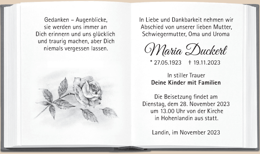  Traueranzeige für Maria Duckert vom 25.11.2023 aus Märkische Oderzeitung