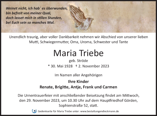 Traueranzeige von Maria Triebe von Märkische Oderzeitung