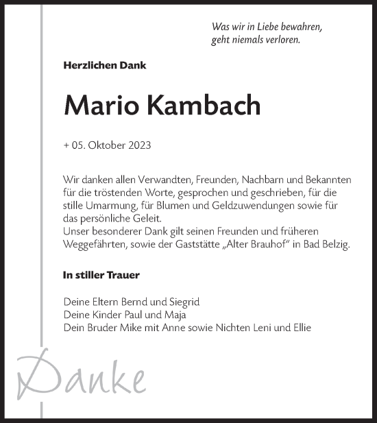 Traueranzeige von Mario Kambach von Märkische Oderzeitung