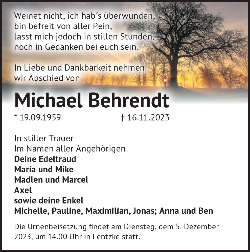  Traueranzeige für Michael Behrendt vom 25.11.2023 aus Märkische Oderzeitung