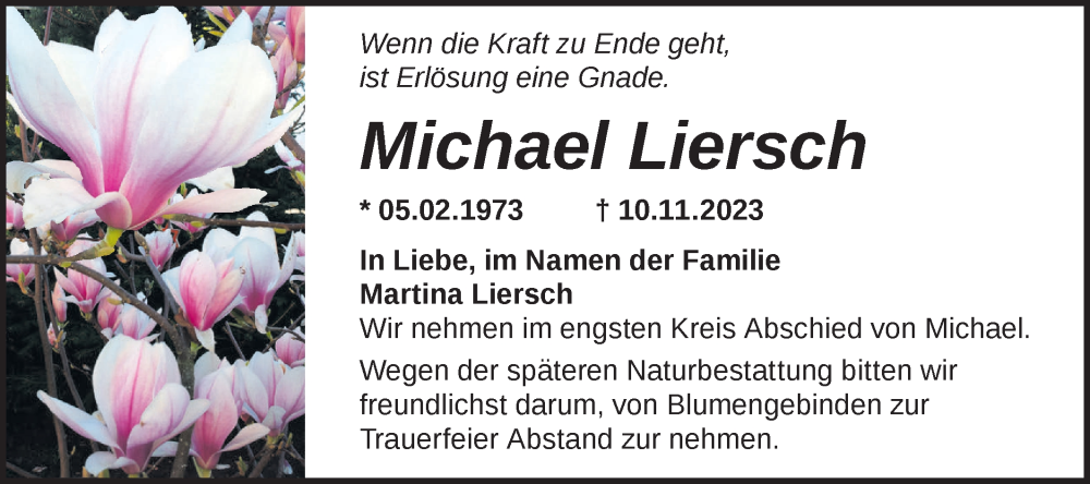  Traueranzeige für Michael Liersch vom 18.11.2023 aus Märkische Oderzeitung