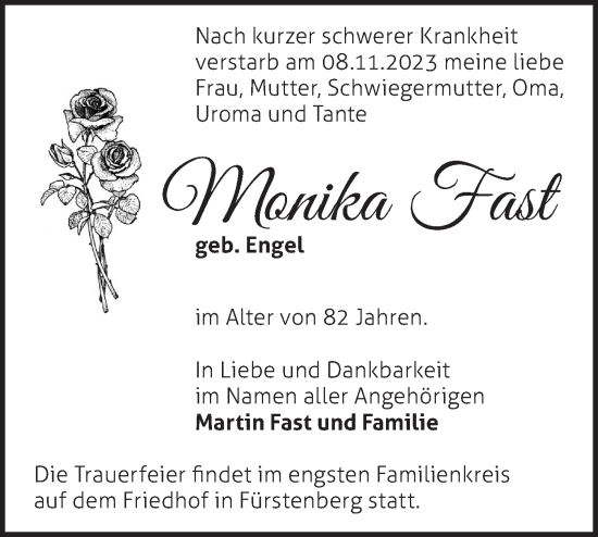 Traueranzeige von Monika Fast von Märkische Oderzeitung