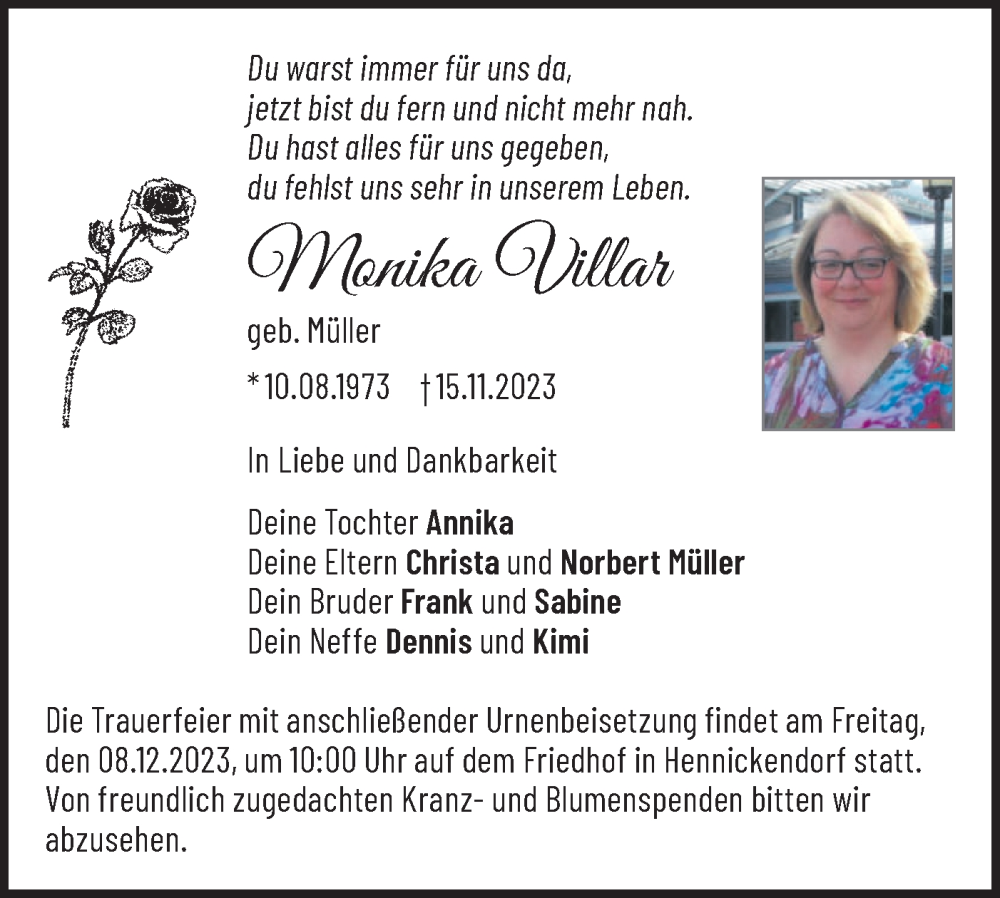  Traueranzeige für Monika Villar vom 25.11.2023 aus Märkische Oderzeitung