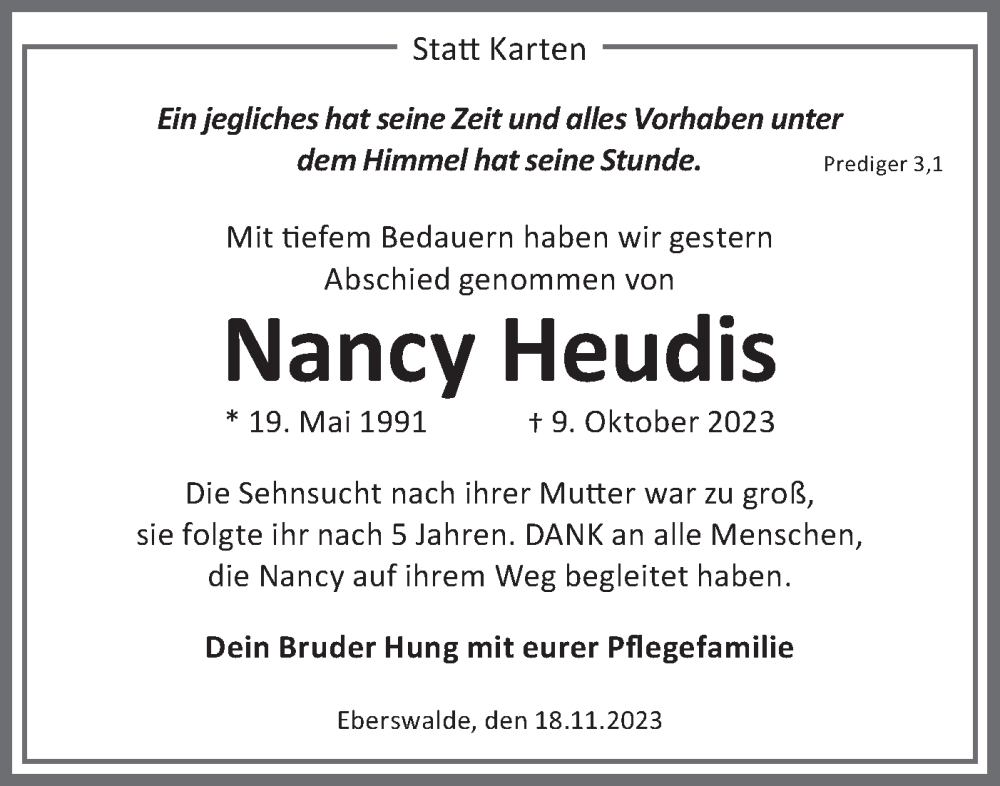  Traueranzeige für Nancy Heudis vom 18.11.2023 aus Märkische Oderzeitung