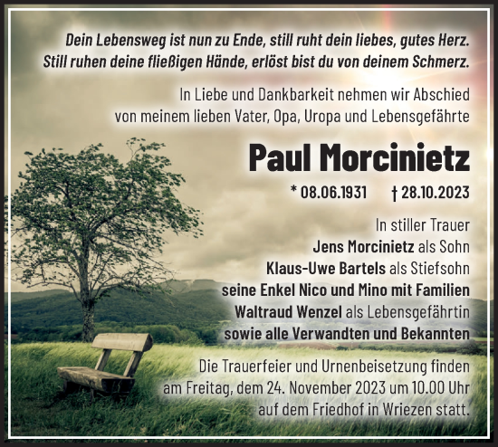 Traueranzeige von Paul Morcinietz von Märkische Oderzeitung