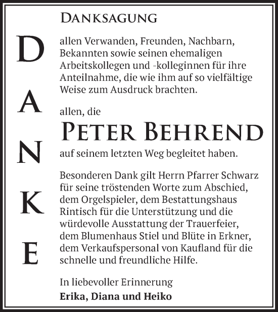 Traueranzeige von Peter Behrend von Märkische Oderzeitung