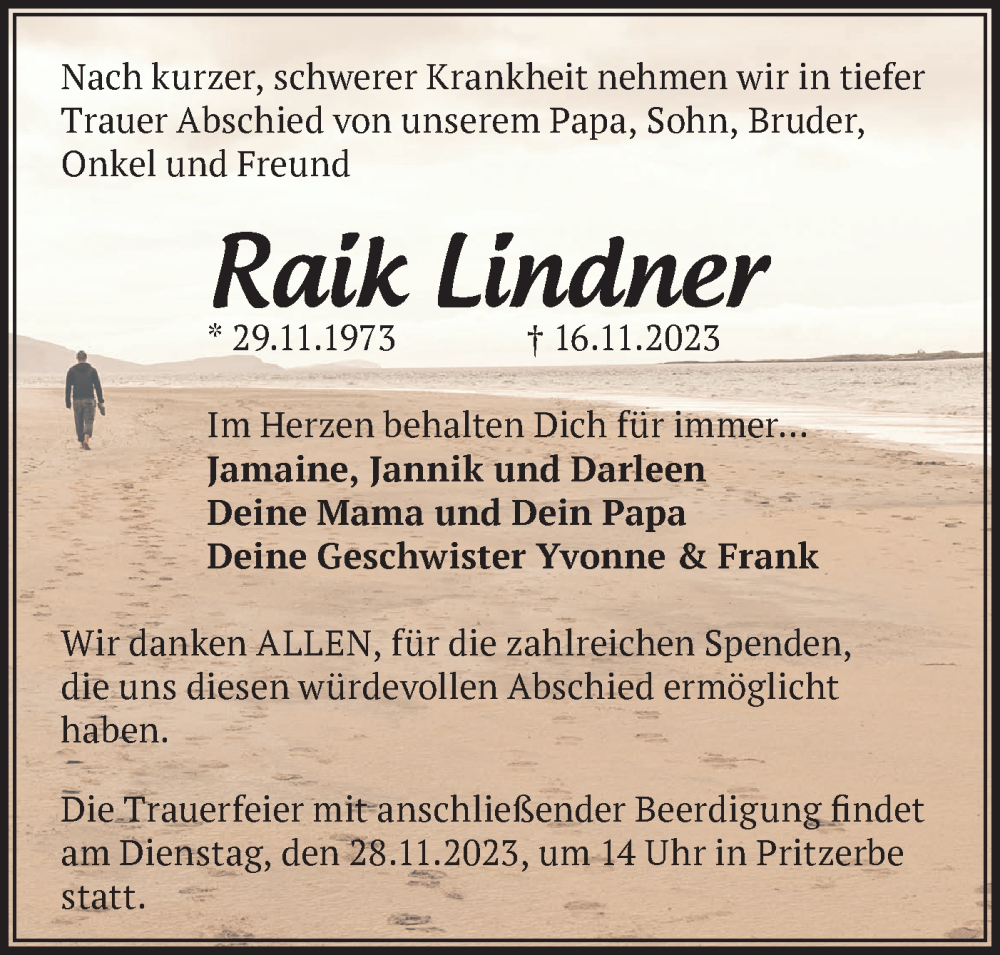  Traueranzeige für Raik Lindner vom 25.11.2023 aus Märkische Oderzeitung