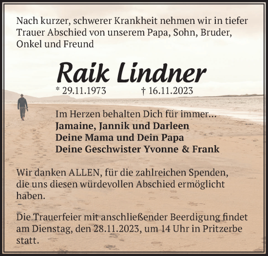 Traueranzeige von Raik Lindner von Märkische Oderzeitung