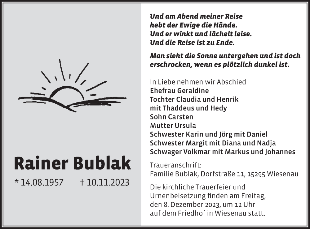  Traueranzeige für Rainer Bublak vom 25.11.2023 aus Märkische Oderzeitung