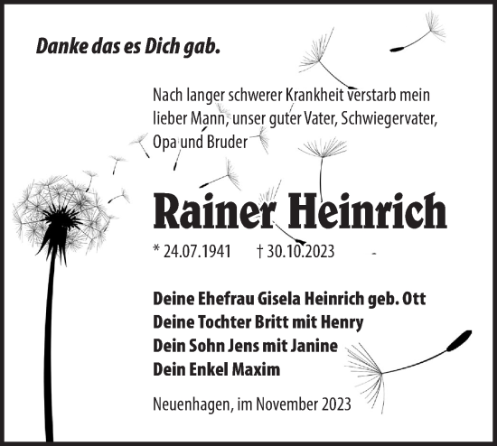 Traueranzeige von Rainer Heinrich von Märkische Oderzeitung