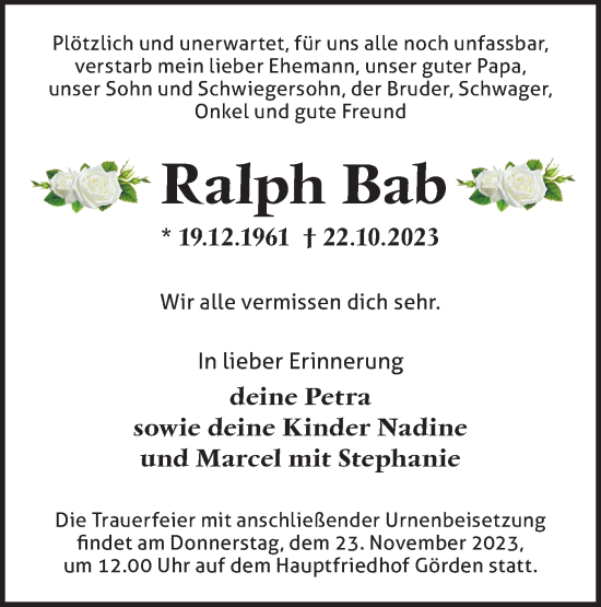 Traueranzeige von Ralph Bab von Märkische Oderzeitung