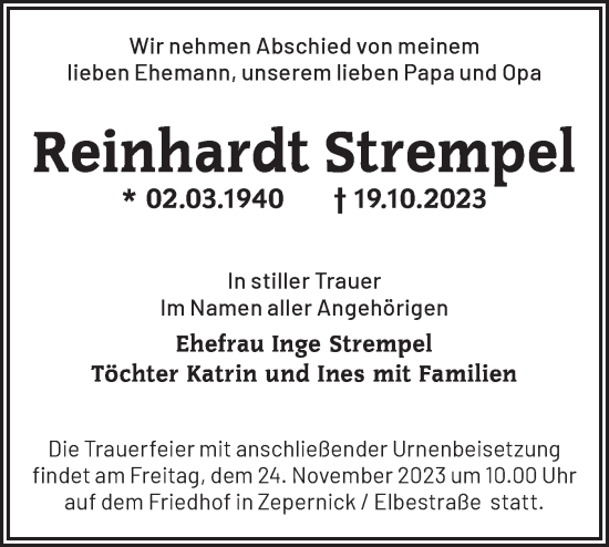 Traueranzeige von Reinhardt Strempel von Märkische Oderzeitung