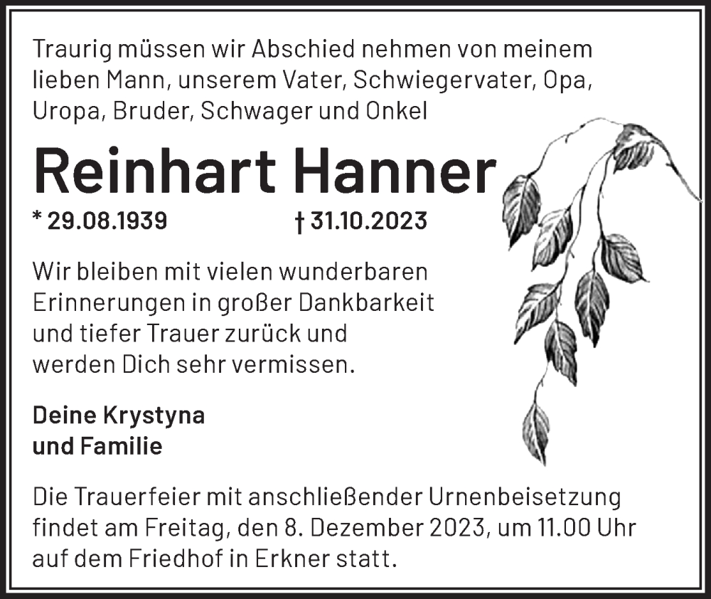  Traueranzeige für Reinhart Hanner vom 25.11.2023 aus Märkische Oderzeitung