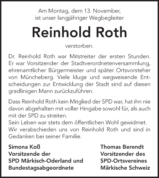 Traueranzeige von Reinhold Roth von Märkische Oderzeitung