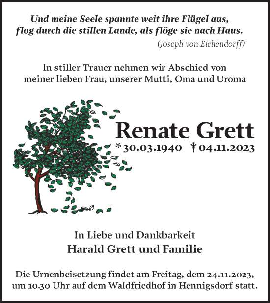 Traueranzeige von Renate Grett von Märkische Oderzeitung