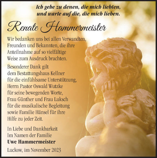 Traueranzeige von Renate Hammermeister von Märkische Oderzeitung