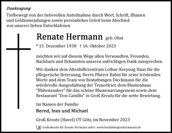 Traueranzeige von Renate Hermann von Märkische Oderzeitung