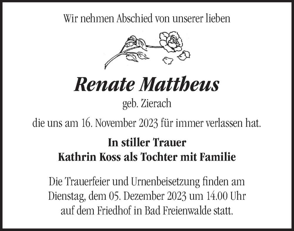  Traueranzeige für Renate Mattheus vom 25.11.2023 aus Märkische Oderzeitung