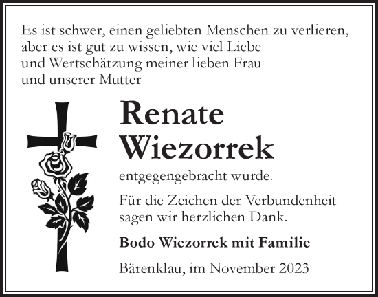 Traueranzeige von Renate Wiezorrek von Märkische Oderzeitung