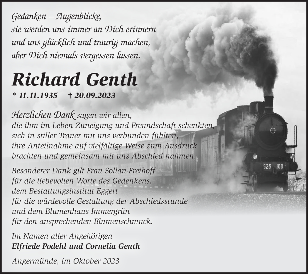  Traueranzeige für Richard Genth vom 04.11.2023 aus Märkische Oderzeitung