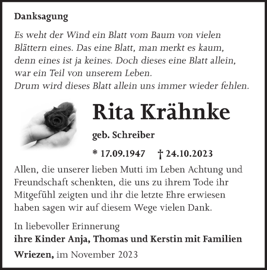 Traueranzeige von Rita Krähnke von Märkische Oderzeitung