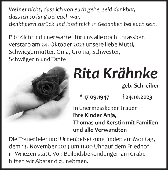 Traueranzeige von Rita Krähnke von Märkische Oderzeitung