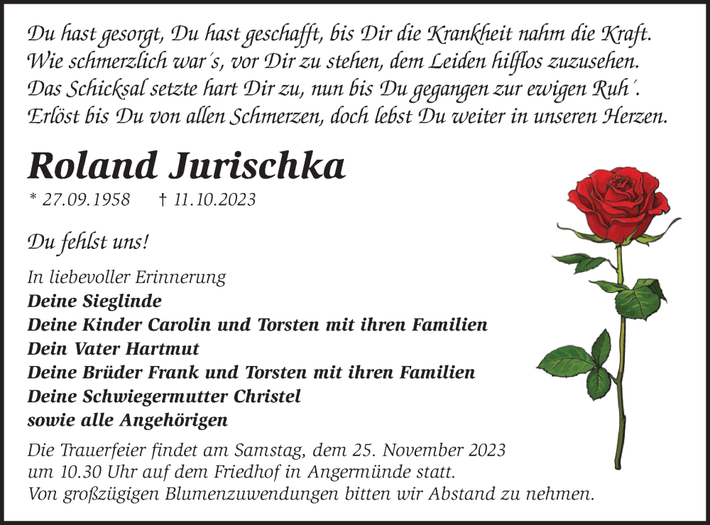  Traueranzeige für Roland Jurischka vom 18.11.2023 aus Märkische Oderzeitung