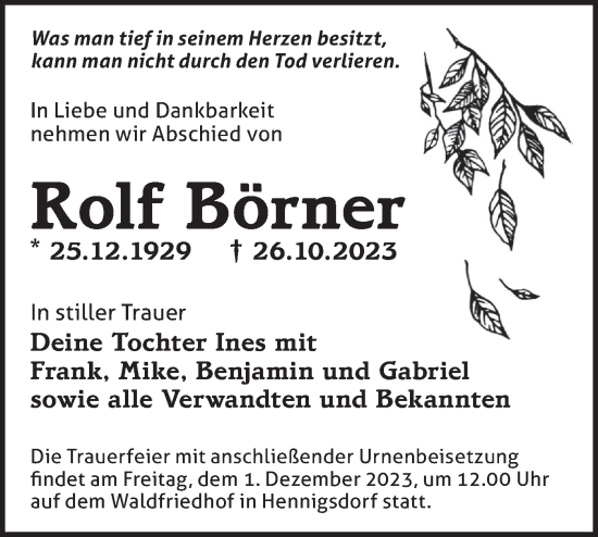 Traueranzeige von Rolf Börner von Märkische Oderzeitung