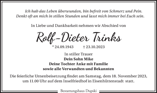 Traueranzeige von Rolf-Dieter Trinks von Märkische Oderzeitung