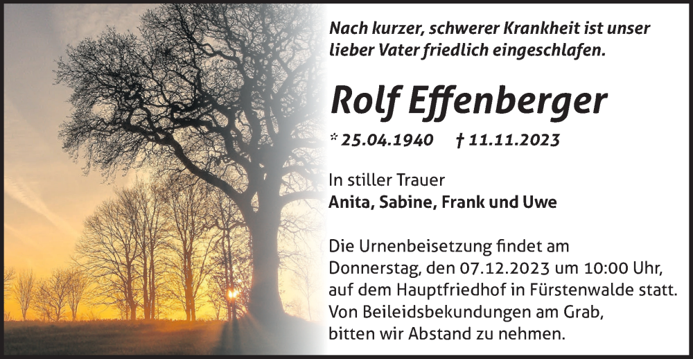  Traueranzeige für Rolf Effenberger vom 25.11.2023 aus Märkische Oderzeitung
